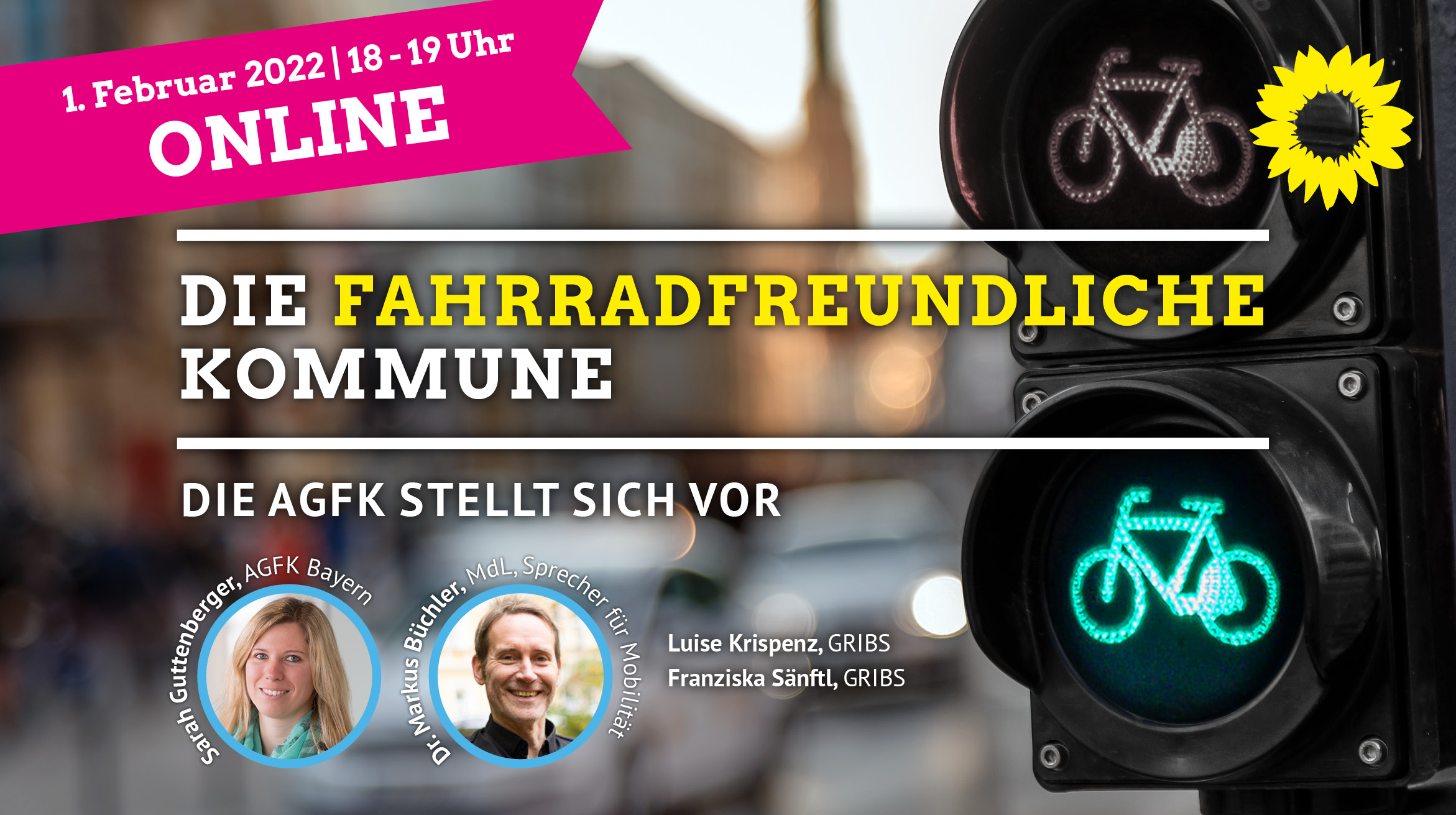 Einladungsgrafik zeigt den Veranstaltungstitel "Die fahrradfreundliche Kommune" und Referent*innen-Portraits vor unscharfem Hintergrund und einer grün leuchtenden Fahrradampel.